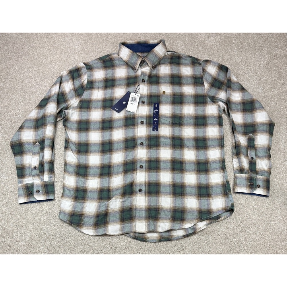 IZOD Stratton Men's LARGE Flannel Shirt Plaid Long Sleeve Green Brown White NWT